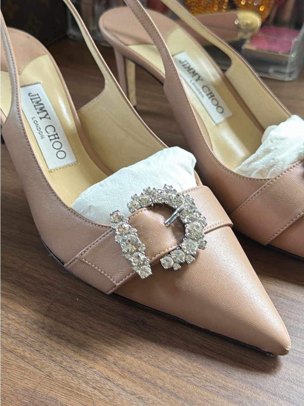 Jimmy Choo Blush Nude Slingback Pointed-Toe Pumps with Crystal Buckles - Picture 2 of 4
